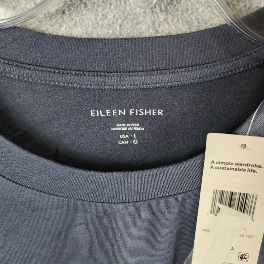 Eileen Fisher Cotton High Crewneck Boxy Top Women's Large Ocean Long Sleeve